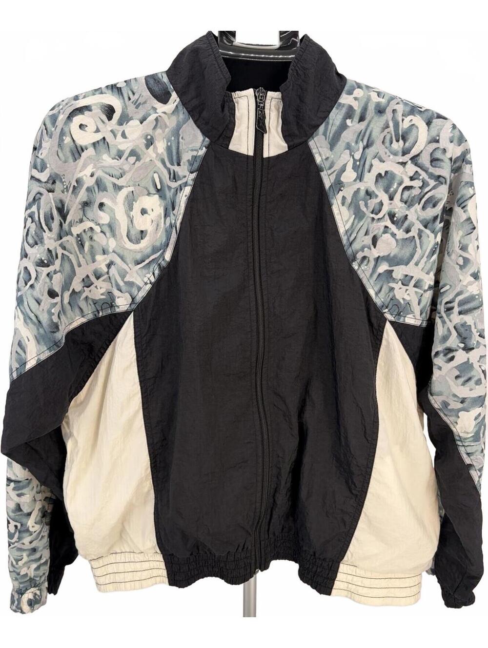 Reebok Vintage Nylon Windbreaker Jacket Large Black White Blue Graffiti